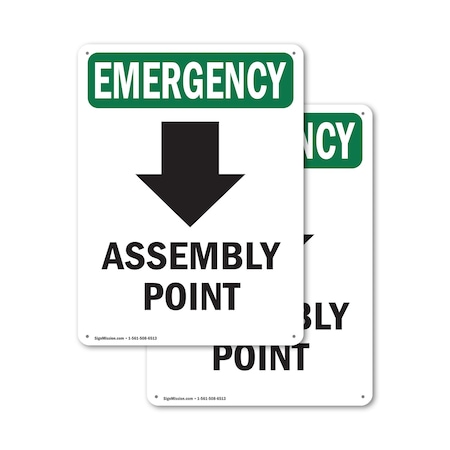Signmission Assembly Point (Down Arrow) With Symbol, 12 in W x Rectangle, Aluminum OS-2PACK-EM-A-1218-V-10429